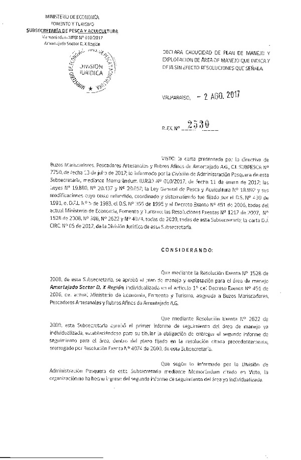 Res. Ex. N° 2530-2017 Declara Caducidad de Plan de Manejo. Deja sin Efecto Resoluciones que Señala.