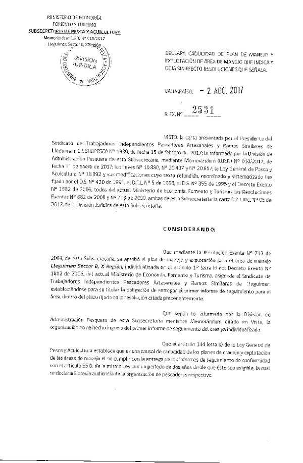 Res. Ex. N° 2531-2017 Declara Caducidad de Plan de Manejo. Deja sin Efecto Resoluciones que Señala.