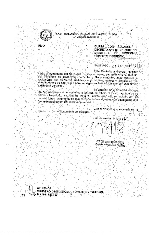 D.S. N° 216-2016 Modifica. D.S. N° 319-2001 Reglamento de Medidas de Protección, Control y Erradicación de Enfermedades de Alto Riesgo para las Especies Hidrobiológicas. (F.D.O. 05-08-2017)