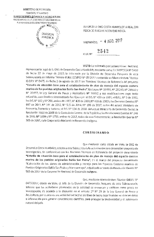 Res. Ex. N° 2542-2017 Estudio de situación base para el establecimiento de plan de manejo del ECMPO Bahía San Pedro, X Región.