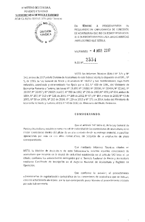 Res. Ex. N° 2554-2017 Da termino a procedimiento de regularización cartográfica de concesión de acuicultura.