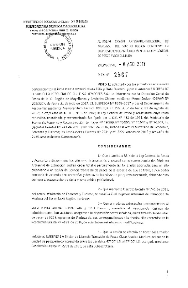 Res. Ex. N° 2567-2017 Cesión Merluza del sur XII Región.