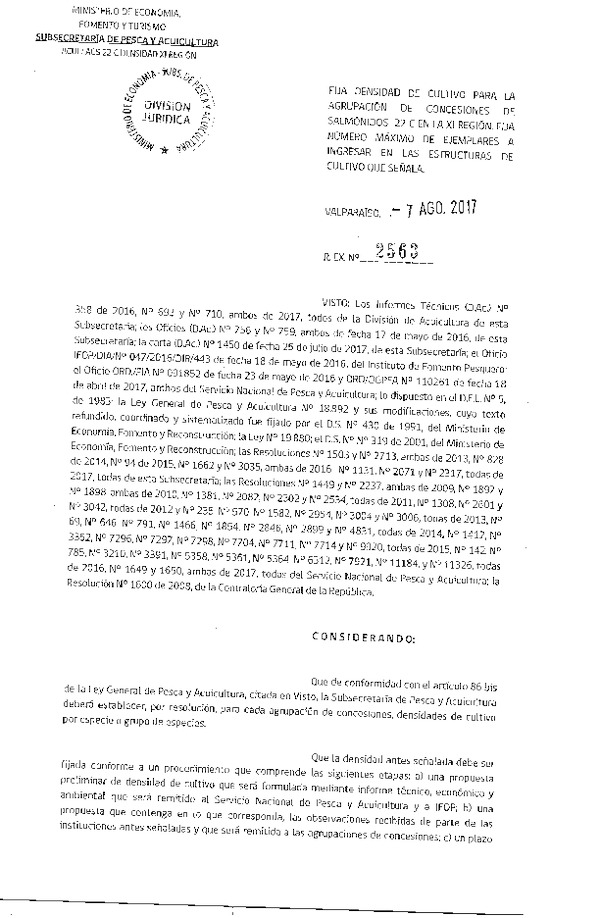 Res. Ex. N° 2563-2017 Fija Densidad de Cultivo para la Agrupación de Concesiones de Salmónidos 22 C en la XI Región. (Con Informe Técnico) (Publicado en Página Web 09-08-2017)