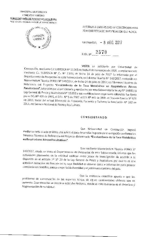 Res. Ex. N° 2570-2017 Escalamiento de la tasa metabólica en respiradores aéreos facultativos, IX Y XIV Regiones.