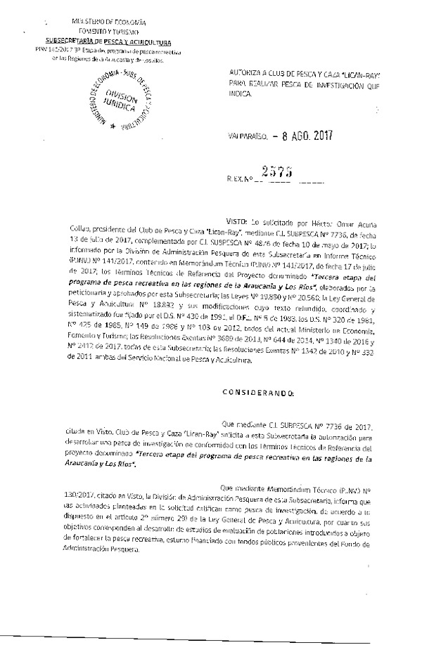 Res. Ex. N° 2575-2017 Tercera etapa del programa de pesca en las regiones de la Araucanía y Los Ríos.
