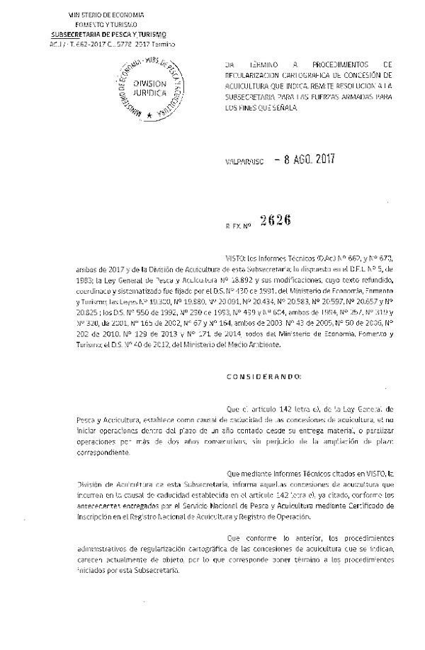 Res. Ex. N° 2626-2017 Da termino a procedimiento de regularización cartográfica de concesión de acuicultura.