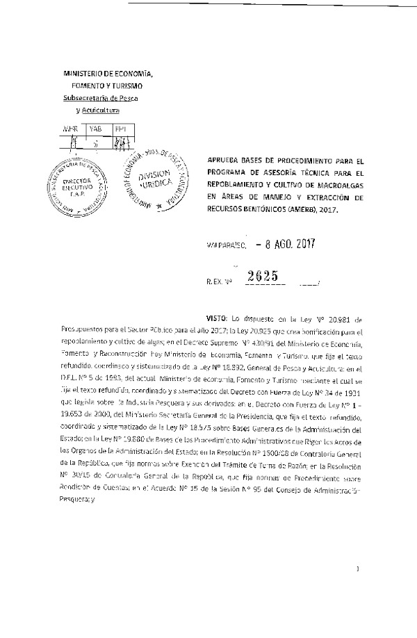 Res. Ex. N° 2625-2017 aprueba bases de procedimiento para el programa de asesoría técnica para el repoblamiento y cultivo de macroalgas en Áreas de Manejo y extracción de recursos bentónicos (AMERB), 2017.