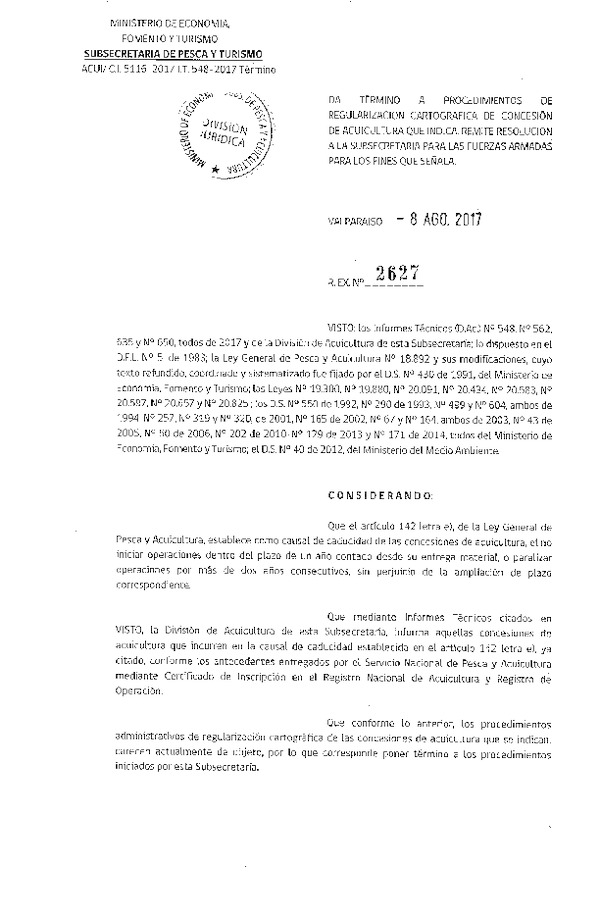 Res. Ex. N° 2627-2017 Da termino a procedimiento de regularización cartográfica de concesión de acuicultura.
