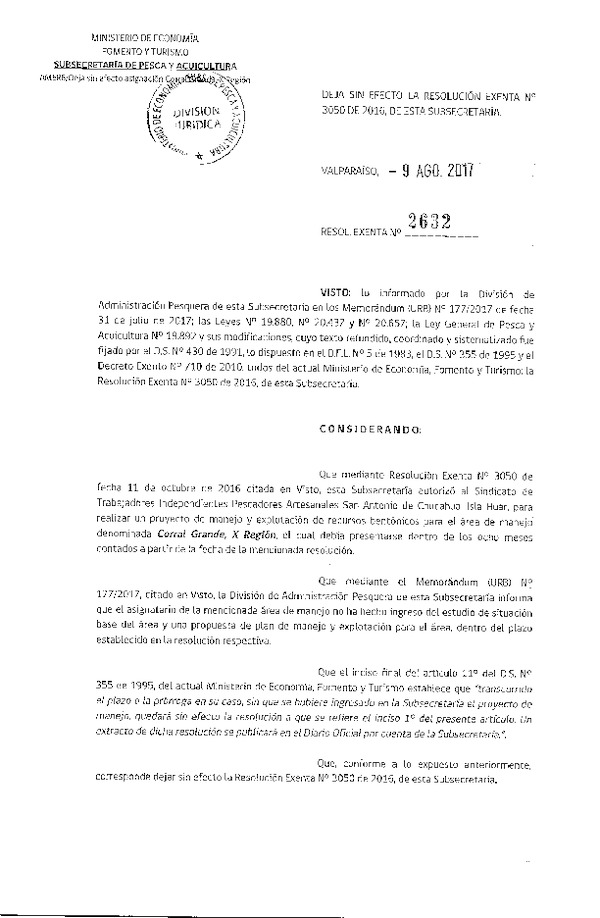 Res. Ex. N° 2632-2017 Deja sin Efecto Res. Ex. N° 3050-2016.