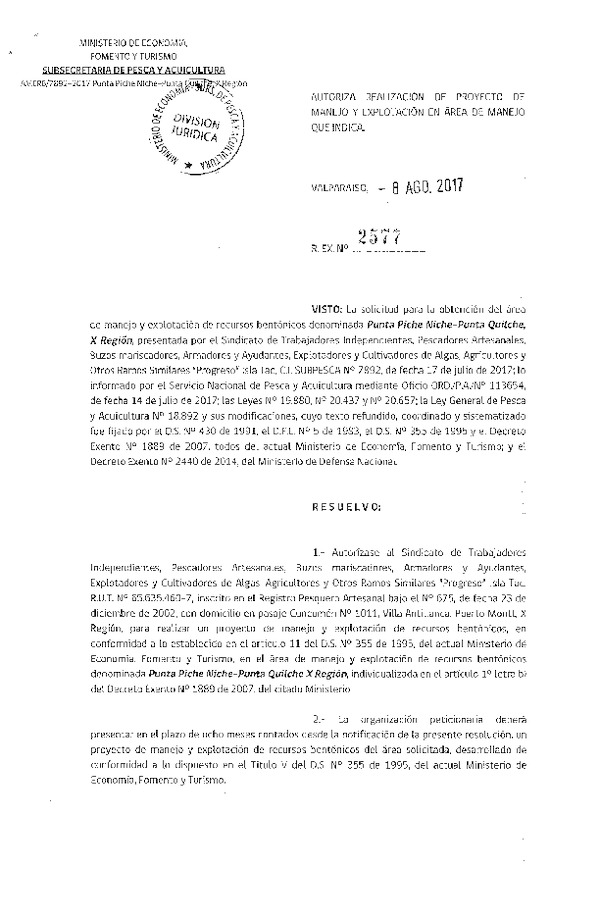 Res. Ex. N° 2577-2017 Proyecto de Manejo.
