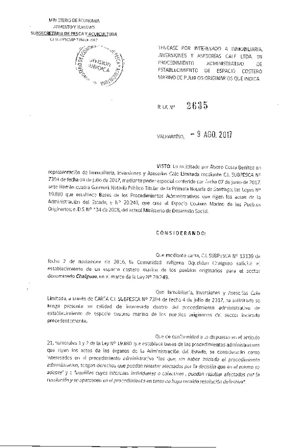 Res. Ex. N° 2635-2017 Téngase por Interesado en Procedimiento Administrativo de Establecimiento de ECMPO que Indica.