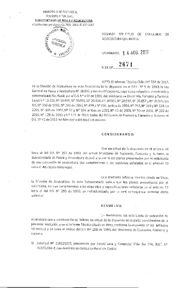 Res. Ex. N° 2674-2017 Rechaza solicitud de concesión de acuicultura que indica.