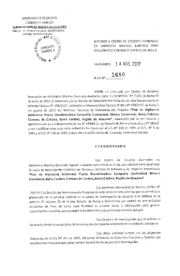 Res. Ex. N° 2680-2017 Plan de vigilancia ambiental, bahía Caldera, Región de Atacama.