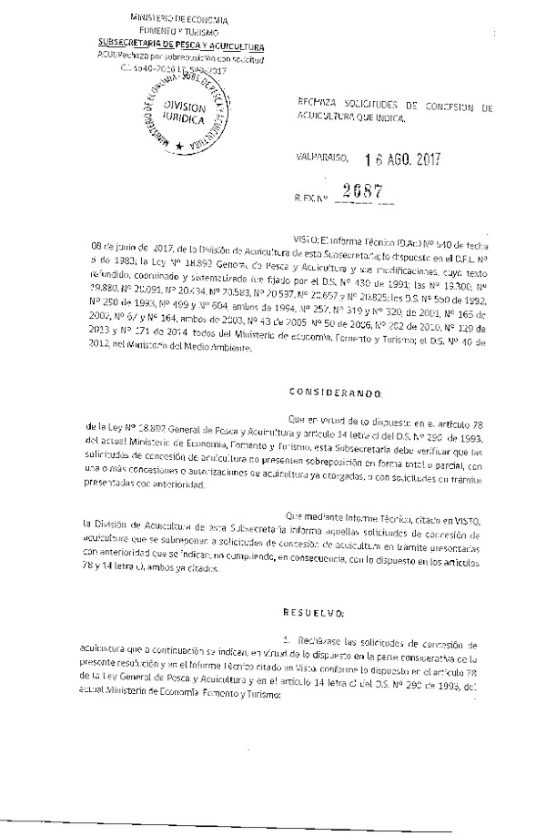 Res. Ex. N° 2687-2017 Rechaza solicitudes de concesión de acuicultura que indica.