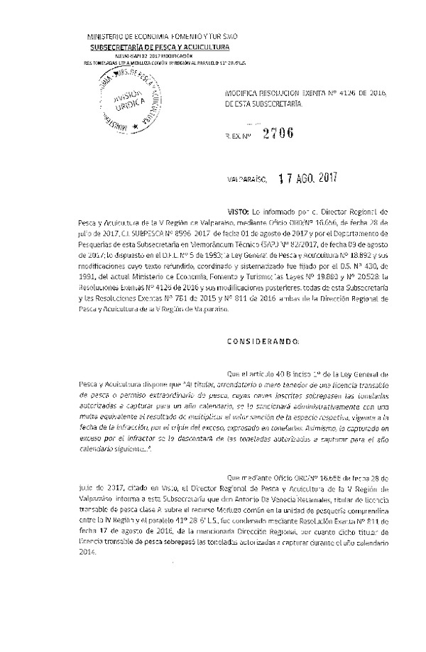 Res. Ex. N° 2706-2017 Modifica Res. Ex. N° 4126-2016 Que Establece Toneladas para Titulares de Licencias Transables de Pesca, Clase A, Año 2017. Fija Nómina de Titulares, Arrendatarios y Meros Tenedores. (Publicado en Página Web 18-08-2017)