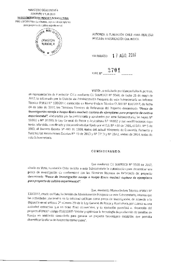 Res. Ex. N° 2701-2017 Pesca de investigación navaja o huepo.