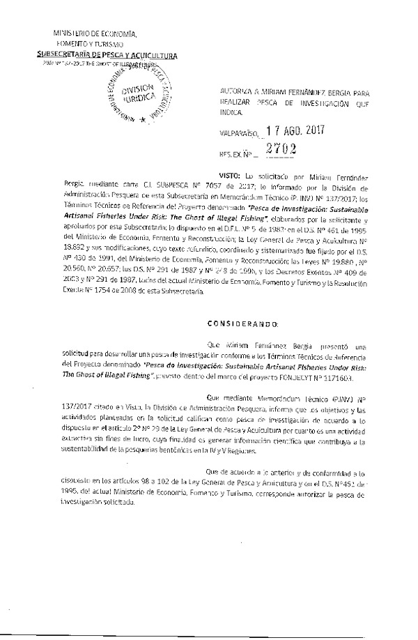 Res. Ex. N° 2702-2017 Pesca de investigación: Sustainable artisanal fisheries under risk.