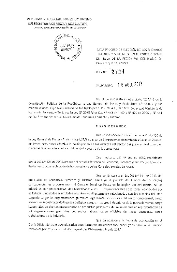 Res. Ex. N° 2724-2017 Inicia Proceso de Elección de los Miembros Titulares y Suplentes en el Consejo Zonal de Pesca de la Región VIII del Biobío en Cargos que se Indican. (Publicado en Página Web 21-08-2017) (F.D.O. 25-08-2017)