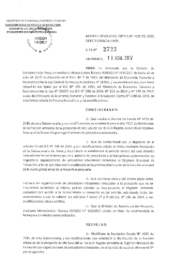 Res. Ex. N° 2723-2017 Modifica Res. Ex. N° 4180-2016 Distribución de la Fracción Artesanal de Pesquería de Merluza del Sur por Organizaciones, XI Región, año 2017. (Publicado en Página Web 21-08-2017)