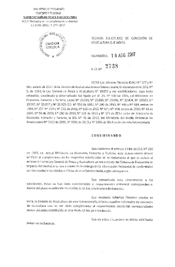Res. Ex. N° 2738-2017 Rechaza solicitudes de concesión de acuicultura que indica.