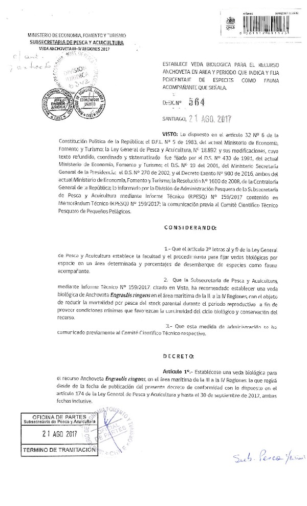 Dec. Ex. N° 564-2017 Establece Veda Biológica para el Recurso Anchoveta, III-IV Región y Fija Porcentaje de Especies como Fauna Acompañante que Señala. (Publicado en Página Web 22-08-2017) (F.D.O. 25-08-2017)