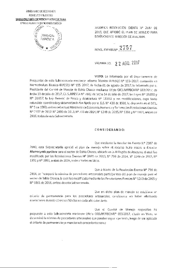 Res. Ex. N° 2757-2017 Modifica Res. Ex. N° 2187-2010 que Aprobó el plan de manejo para bahía Chasco, III Región. (Publicado en Página Web 22-08-2017) (F.D.O. 30-08-2017)