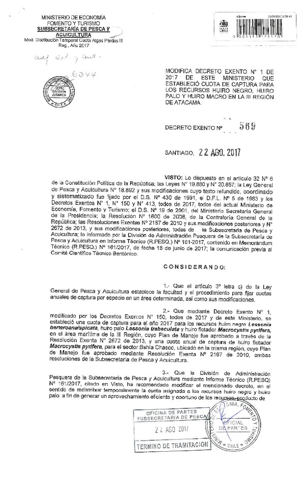 Dec. Ex. N° 569-2017 Modifica Dec. Ex. N° 1-2017 Establece Cuota de Captura Recursos Huiro Negro, Huiro Palo y Huiro Macro en la III Región. (Publicado en Página web 23-08-2017) (F.D.O. 26-08-2017)