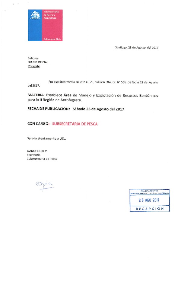 Dec. Ex. N° 566-2017 Establece Área de Manejo, Sector El Buey, II Región. (Publicado en Página Web 23-08-2017) (F.D.O. 26-08-2017)