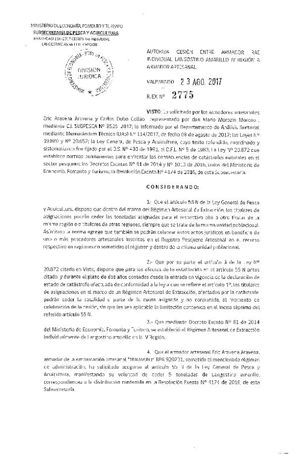 Res. Ex. N° 2775-2017 Cesión langostino amarillo, IV Región.