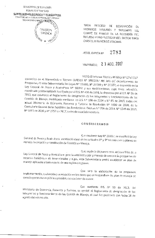 Res. Ex. N° 2783-2017 Inicia Proceso de Designación de Miembros Titulares y Suplentes del Comité de Manejo de la Pesquería del Recurso Huiro Flotador del Sector Bahía Chasco, III Región. (Publicado en Página Web 24-08-2017) (F.D.O. 29-08-2017)