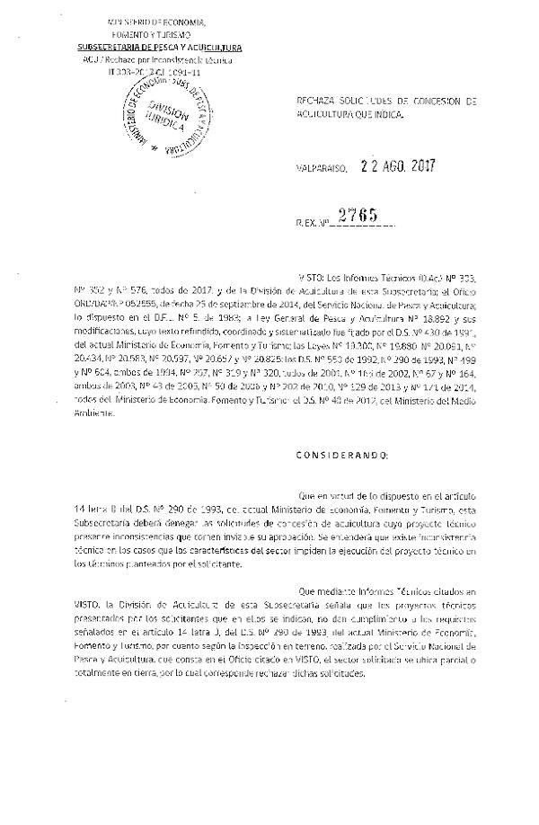 Res. Ex. N° 2765-2017 Rechaza solicitudes de concesión de acuicultura que indica.