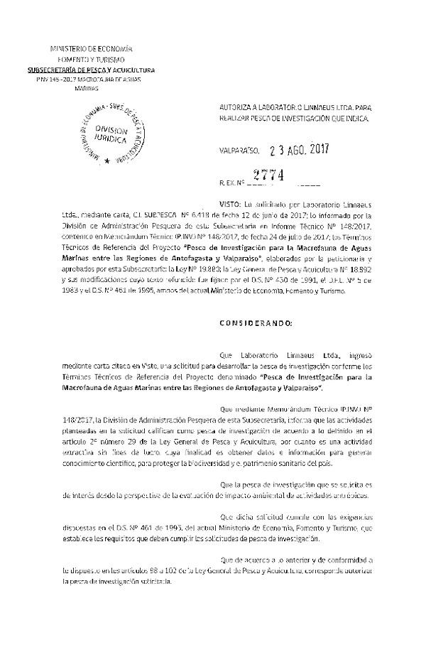 Res. Ex. N° 2774-2017 Pesca de investigación para la macrofauna de aguas marinas regiones entre Antofagasta y Valparaíso.