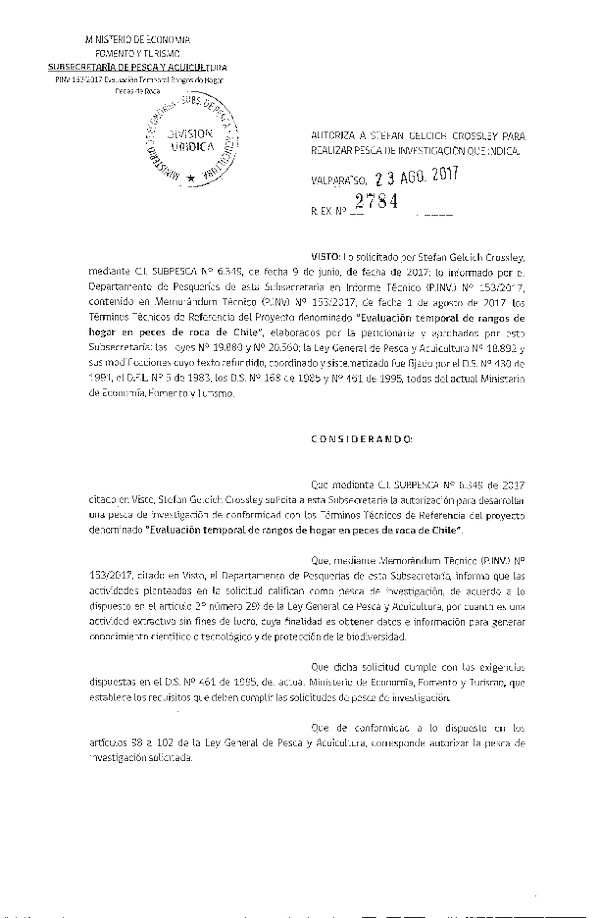 Res. Ex. N° 2784-2017 Evaluación temporal de rangos de hogar en peces de roca de Chile.