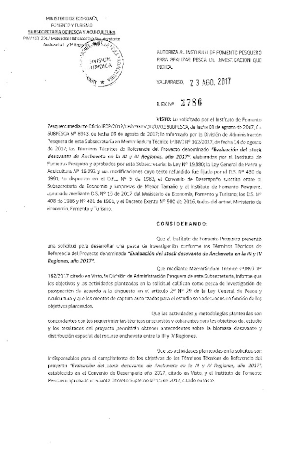 Res. Ex. N° 2786-2017 Evaluación del stock desovante de Anchoveta en la III-IV Región, año 2017.
