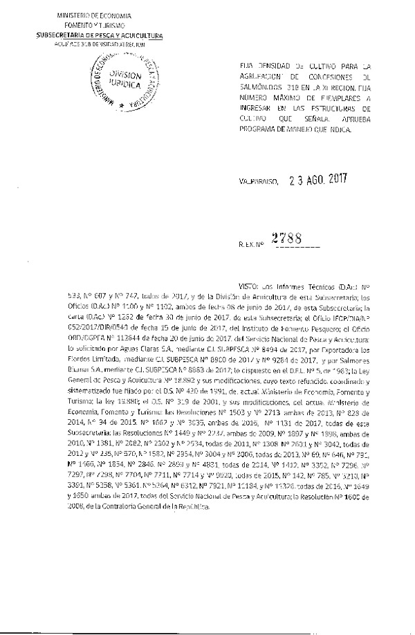 Res. Ex. N° 2788-2017 Fija Densidad de Cultivo para la Agrupación de Concesiones de Salmónidos 31 B, X Región. (Con Informe Técnico) (Publicado en Página Web 24-08-2017) (F.D.O. 30-08-2017)