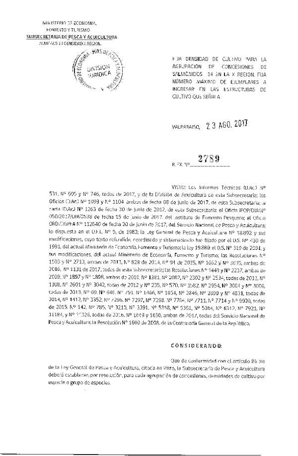 Res. Ex. N° 2789-2017 Fija Densidad de Cultivo para la Agrupación de Concesiones de Salmónidos 14,  X Región. (Con Informe Técnico) (Publicado en Página Web 24-08-2017) (F.D.O. 30-08-2017)