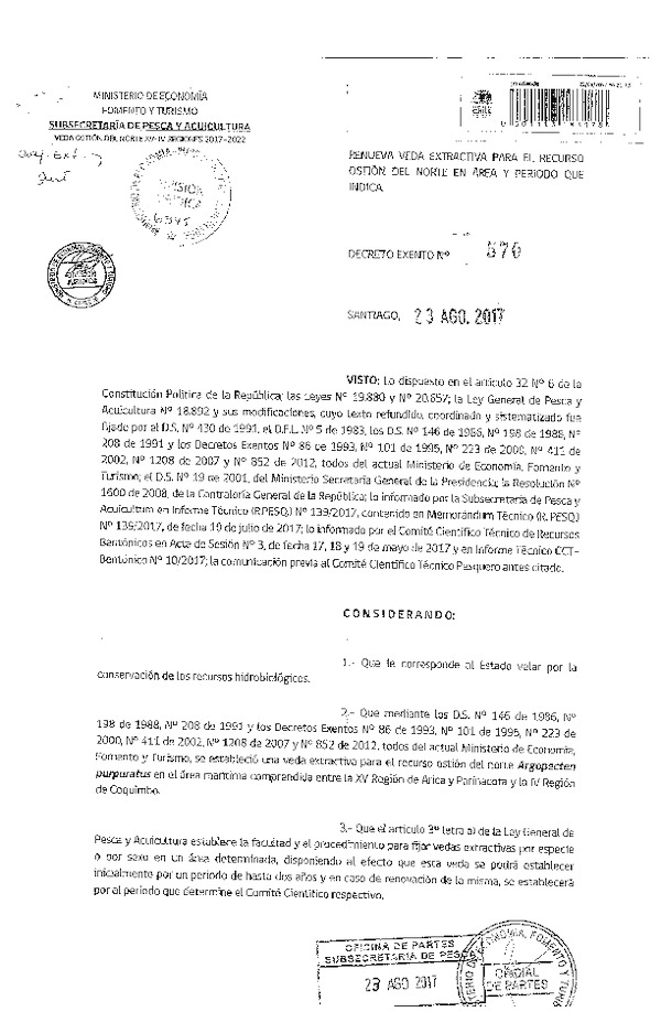 Dec. Ex. N° 570-2017 Renueva Veda Extractiva Recurso Ostión del Norte, XV-IV Regiones. (Publicado en Página Web 28-08-2017) (F.D.O. 29-08-2017)