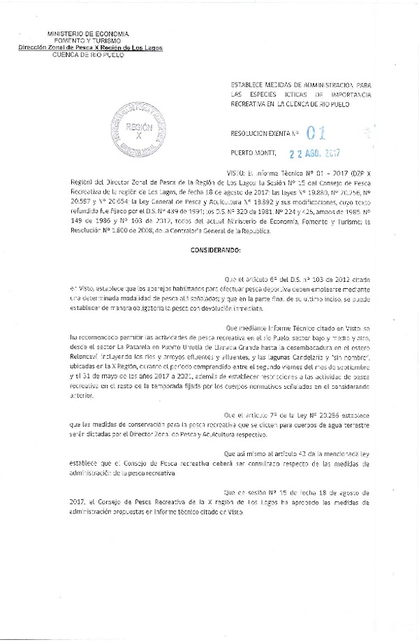 Res. Ex. N° 1-2017 Establece Medidas de Administración para las Especies Ícticas de Importancia Recreativa en la Cuenca del Río Puelo. (Publicado en Página Web 28-08-2017)