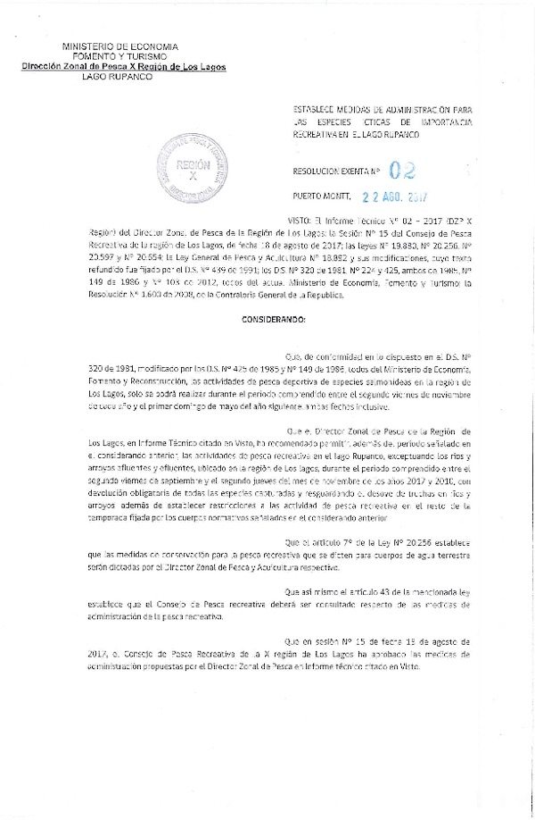 Res. Ex. N° 2-2017 Establece Medidas de Administración para las Especies Ícticas de Importancia Recreativa en el Lago Rupanco. (Publicado en Página Web 28-08-2017)