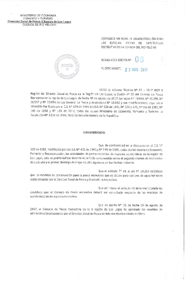 Res. Ex. N° 3-2017 Establece Medidas de Administración para las Especies Ícticas de Importancia Recreativa en la Cuenca del Rio Yelcho. (Publicado en Página Web 28-08-2017)