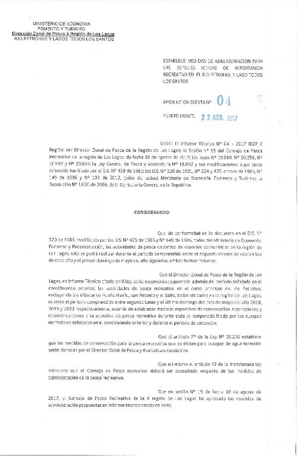 Res. Ex. N° 4-2017 Establece Medidas de Administración para las Especies Ícticas de Importancia Recreativa en la Rio Petrohué y Lago de Todos Los Santos. (Publicado en Página Web 28-08-2017)