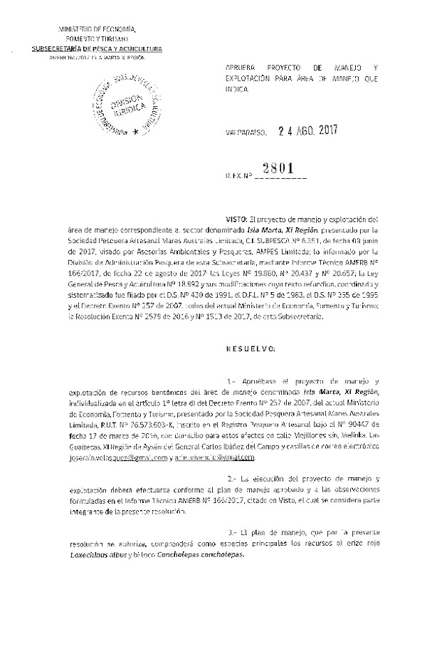 Res. Ex. N° 2801-2017 Plan de Manejo y Explotación para Área.