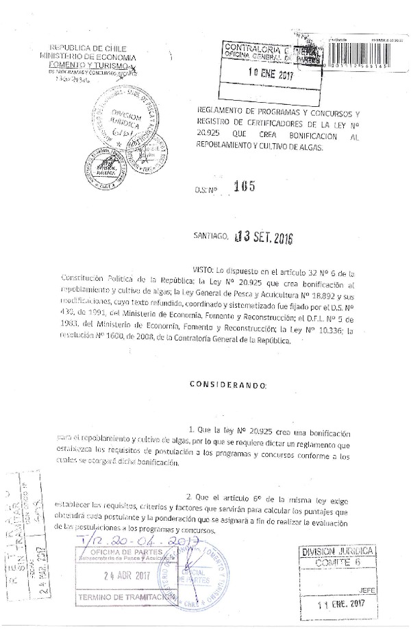 D.S. N° 165-2016 Reglamento de Programas y Concursos y Registros de Certificaciones de la Ley N° 20.925 que Crea Bonificación al Repoblamiento y Cultivo de Algas. (F.D.O. 03-05-2017)