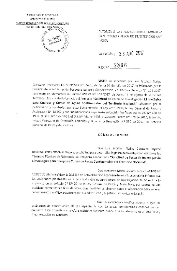 Res. Ex. N° 2806-2017 Pesca de investigación limnológica para cuerpos y cursos de aguas continentales del territorio nacional.