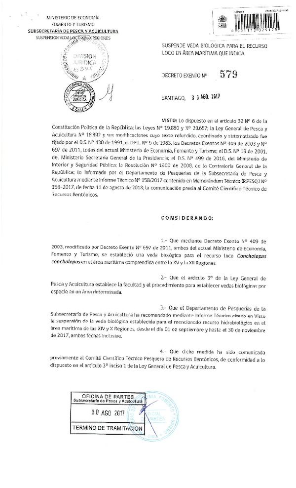 Dec. Ex. N° 579-2017 Suspende Veda Biológica para el Recurso Loco, XIV-X Regiones. Publicado en Página Web 30-08-2017) (F.D.O. 05-09-2017)