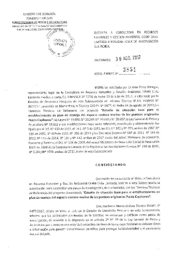 Res. Ex. N° 2851-2017 Estudio situación base para establecimiento de plan de manejo. ECMPO.