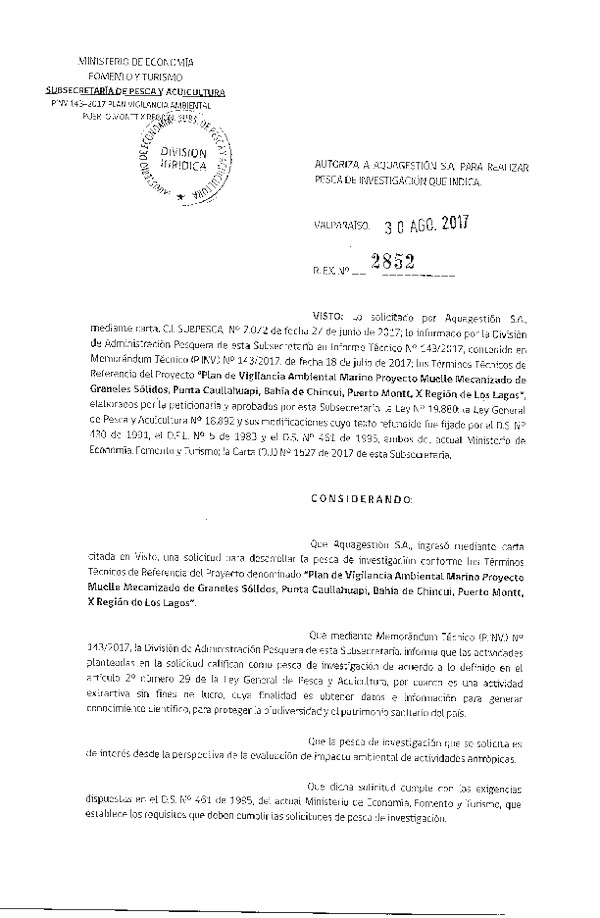 Res. Ex. N° 2852-2017 Plan de vigilancia ambiental marino, bahía de Chincui, Puerto Montt, X Región de Los Lagos.