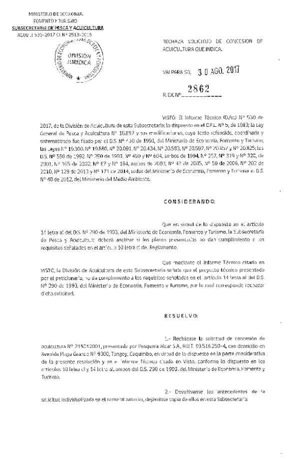 Res. Ex. N° 2862-2017 Rechaza solicitud de concesión de acuicultura que indica.