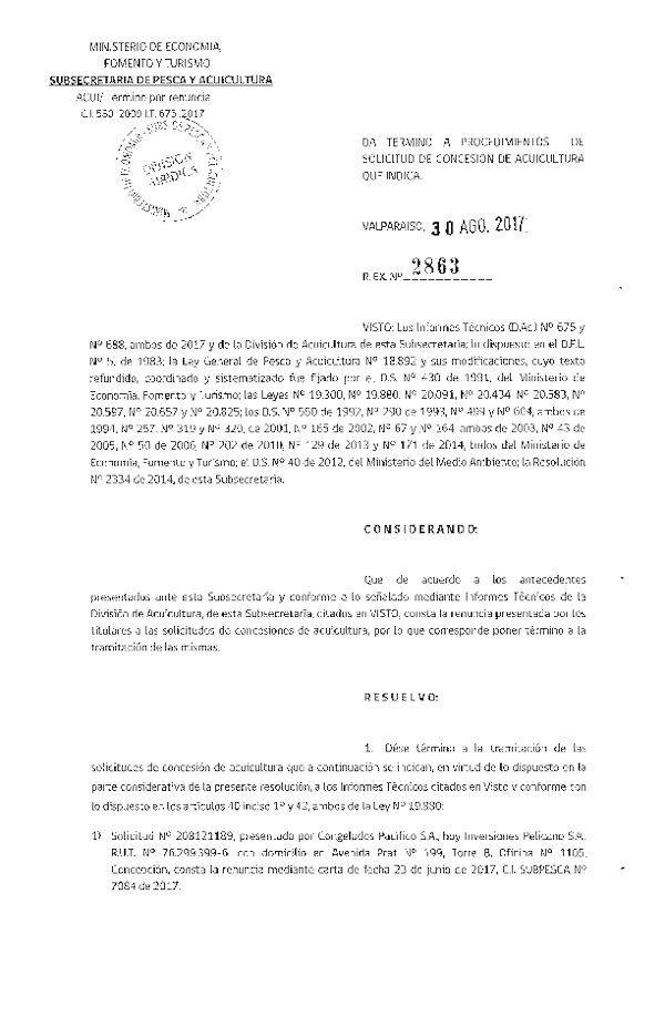 Res. Ex. N° 2863-2017 Da termino de solicitud de concesión de acuicultura que indica.