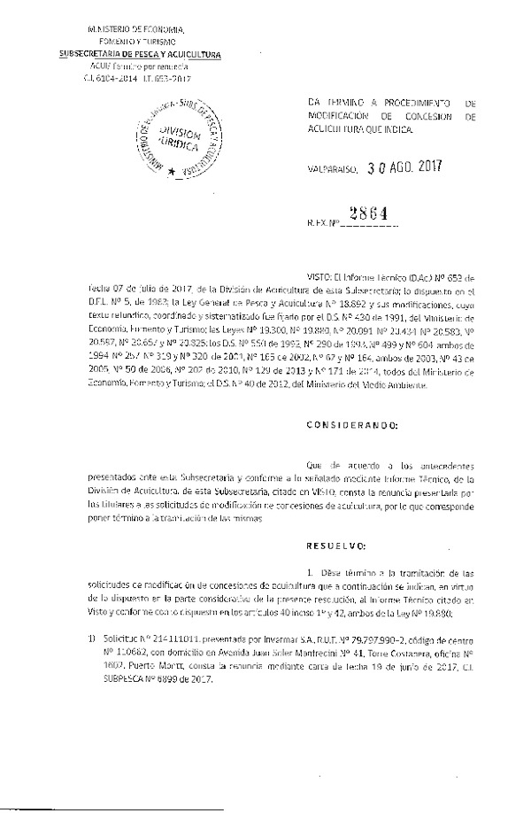 Res. Ex. N° 2864-2017 Da termino a procedimiento de modificación de concesión de acuicultura que indica.